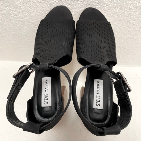 Steve Madden Sawyer Block Heel Sandals Perforated Leather Black Sz 7.5 - Picture 7 of 9
